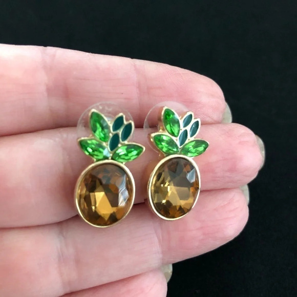 Cute Gold Pineapple Crystal Earrings Sparkly Fun - Picture 5 of 5